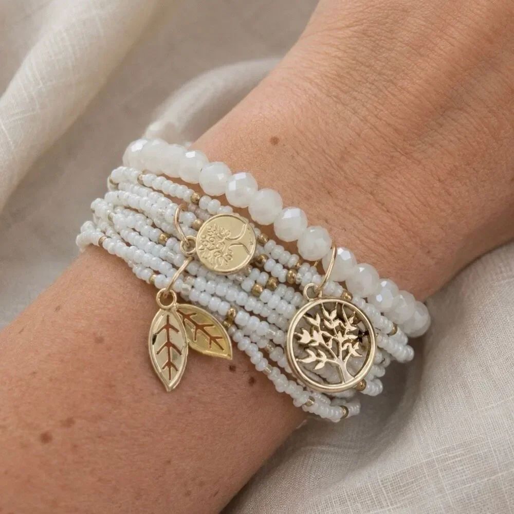 White Glass Bead Multi-Strand Bracelets with Gold Tone Charms - Set of 3